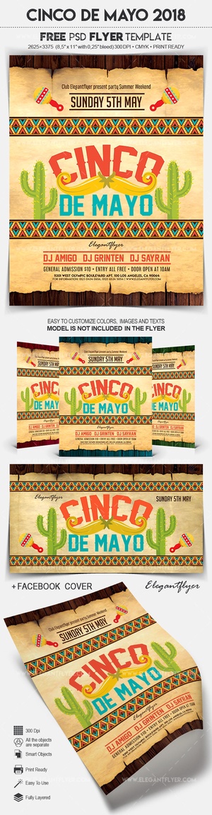 Classic Illustrated Cinco De Mayo Event Flyer and Facebook Cover Template