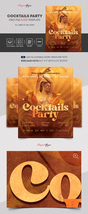 Золотой и привлекательный шаблон листовок для вечеринок коктейлей