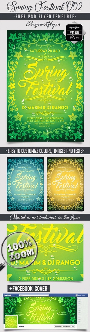 Green Illustrated Spring Festival Flyer y Facebook Plantilla de portada