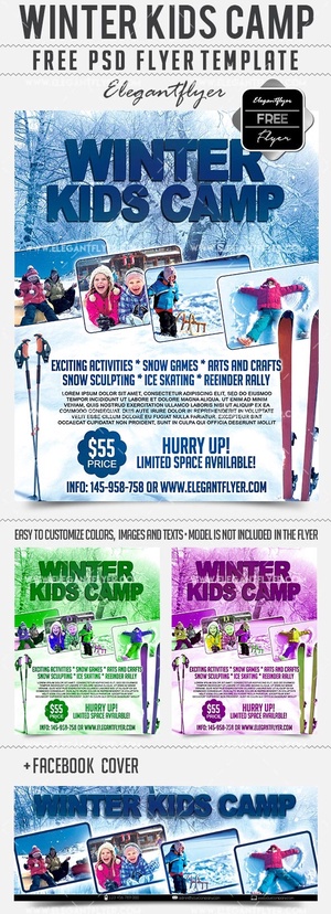 Flyer de campamento de niños de invierno moderno y plantilla de portada de Facebook