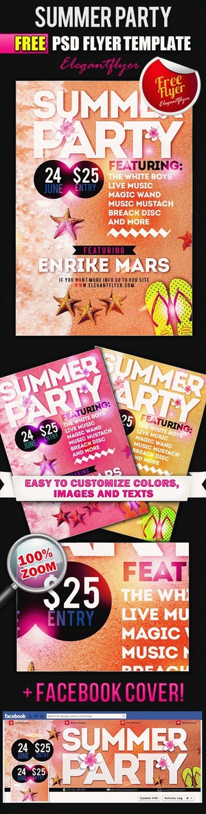 Flyer de fiesta de verano retro y plantilla de portada de Facebook