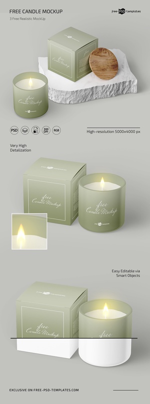 3 Mockups of Realistic Candle Set Featuring Packaging Box