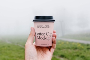 Front View of Hand Holding Coffee Cup Mockup in Park