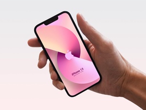 Front View of Hand Holding iPhone 13 Mockup