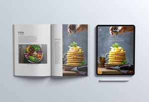 Top View of Open A4 magazine with iPad Pro Mockup