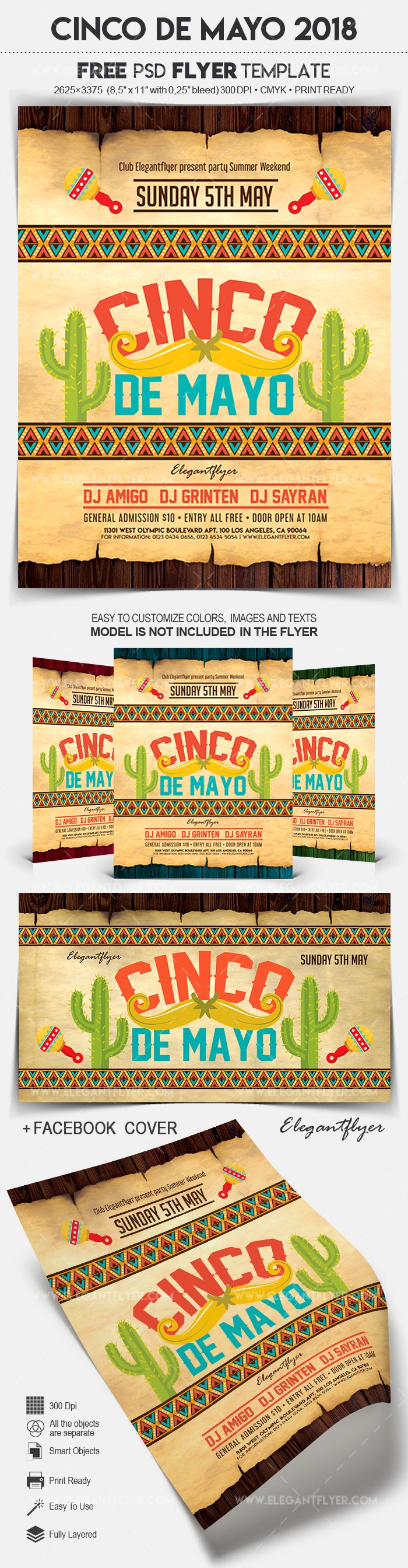 Klassiker illustriertes Cinco de Mayo Event Flyer und Facebook Cover -Vorlage