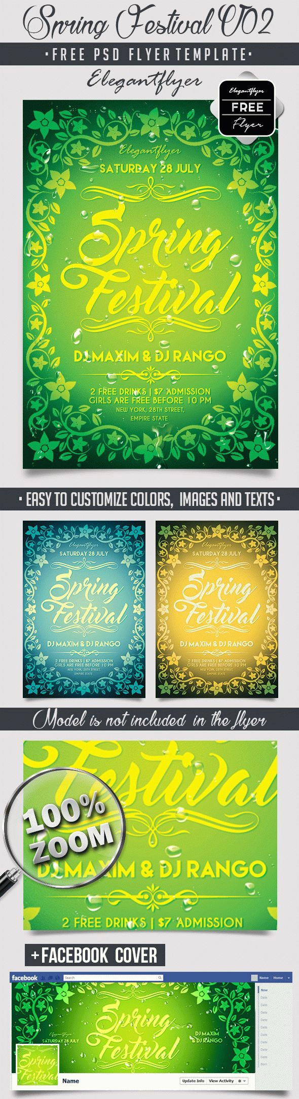 Green Illustrated Spring Festival Flyer und Facebook Cover -Vorlage