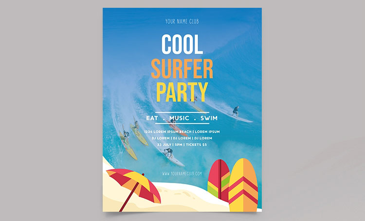 Illustrative Beach Surfer Party Flyer Vorlage