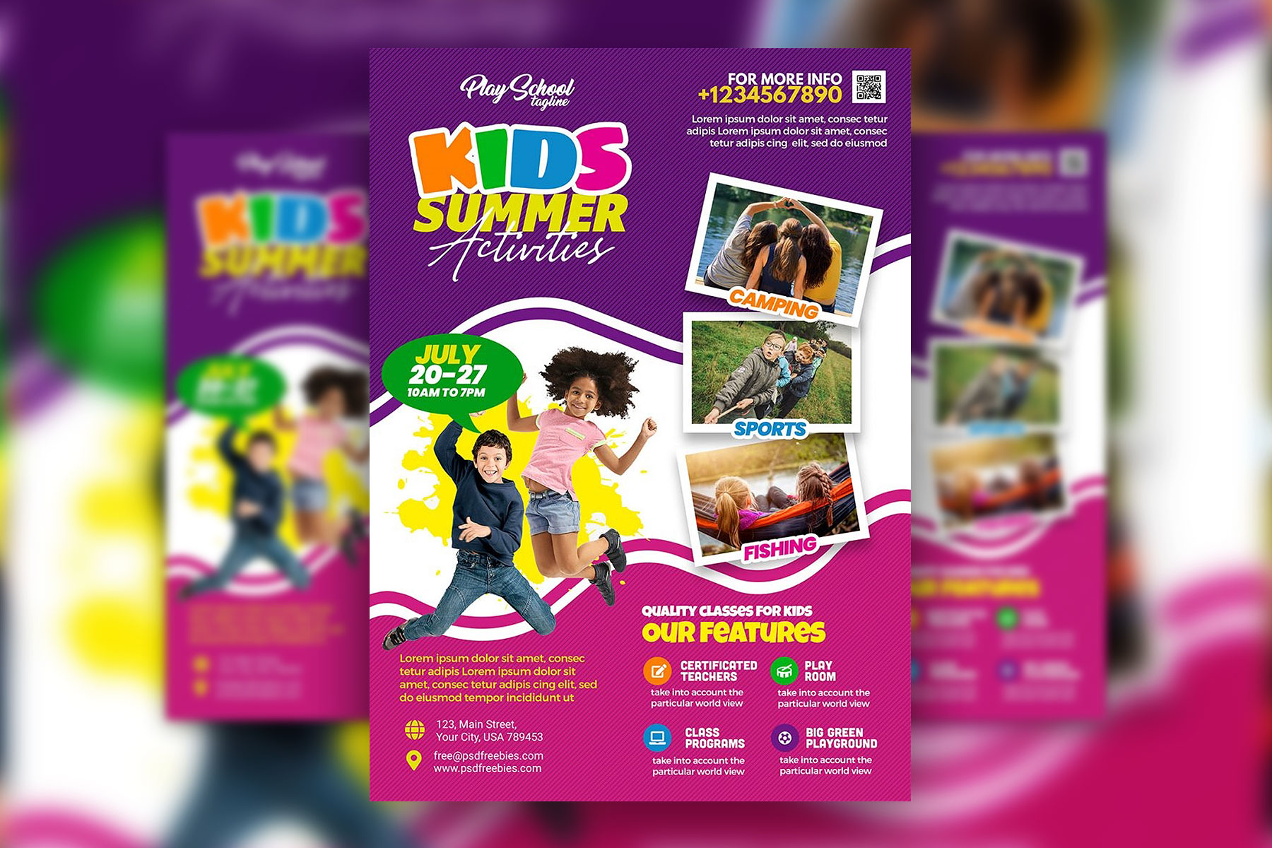 Plantilla de volante de campamento de verano infográfico colorido para niños de verano