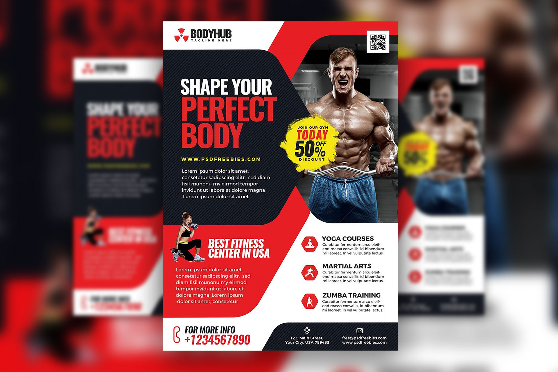 Plantilla de folleto de gimnasio de salud y fitness de infográfico moderno