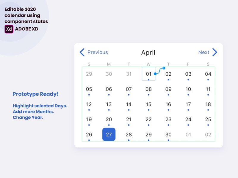 Ежемесячный виджет календаря для Adobe XD