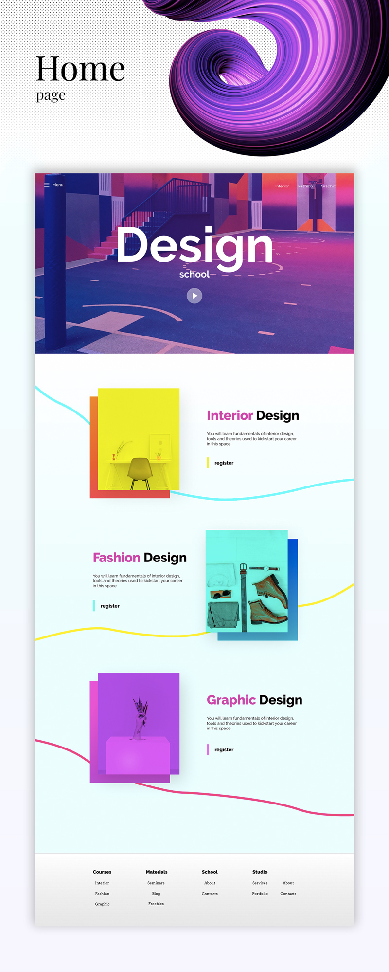 Plantilla de página de destino de la escuela de diseño con Adobe XD