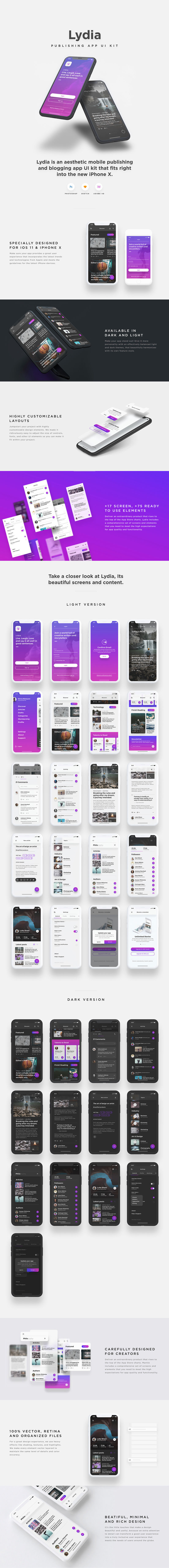 Lydia - Blogging Mobile App UI Kit - Muestra de kit Adobe XD UI
