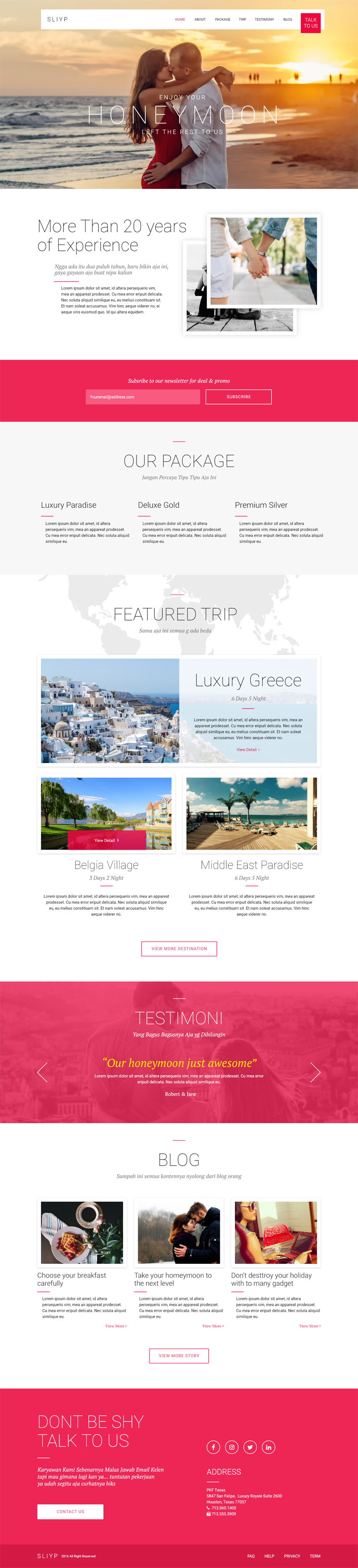 Page de destination de l'agence de voyage SLIYP fait avec Adobe XD