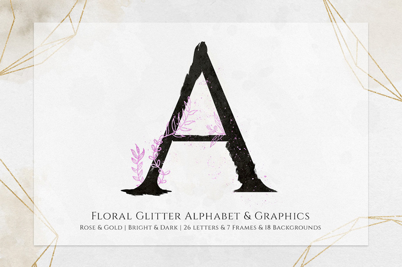 Alfabeto y gráficos de brillo floral