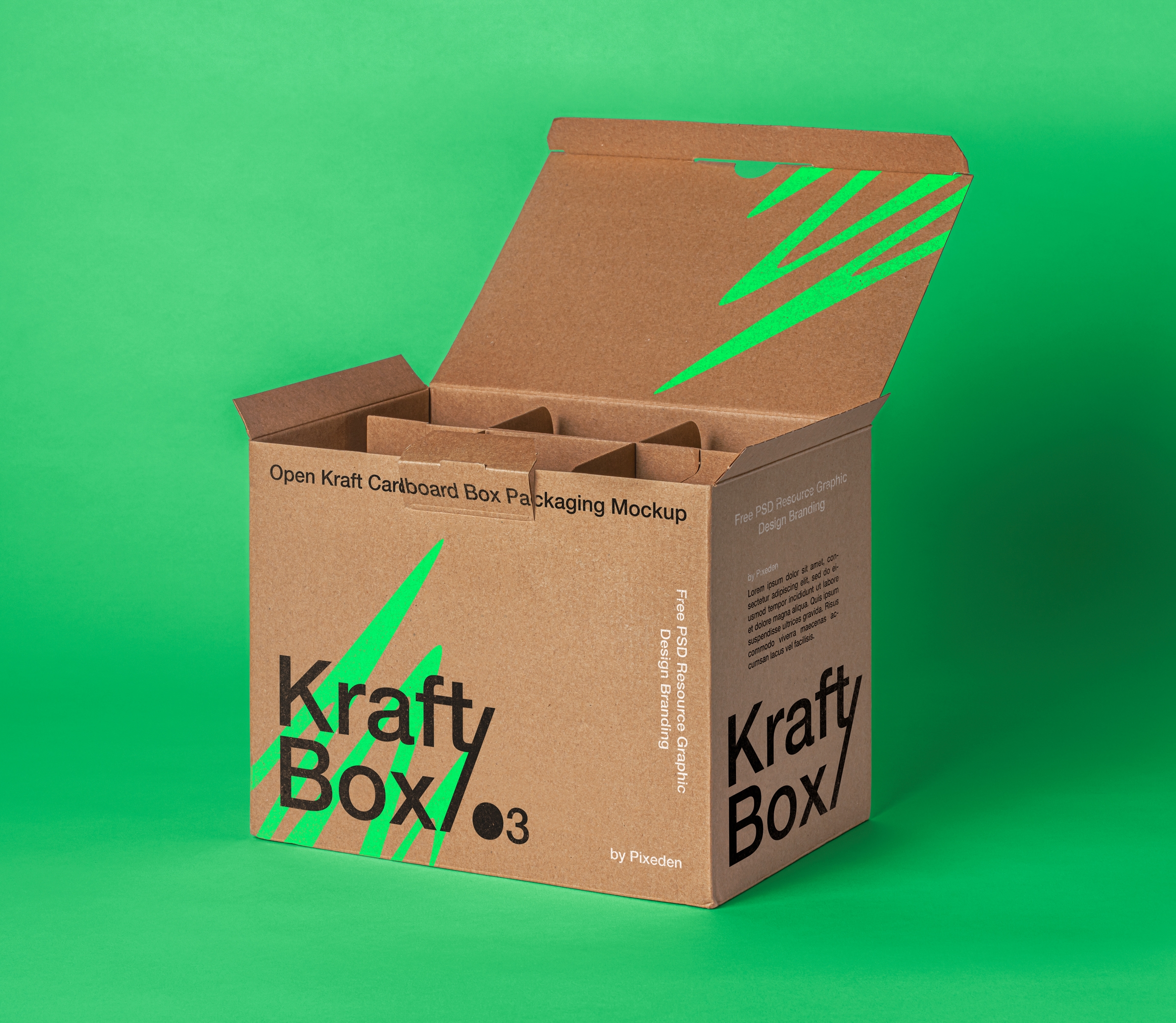 Vista perspectiva de la maqueta de caja de cartón Kraft abierta