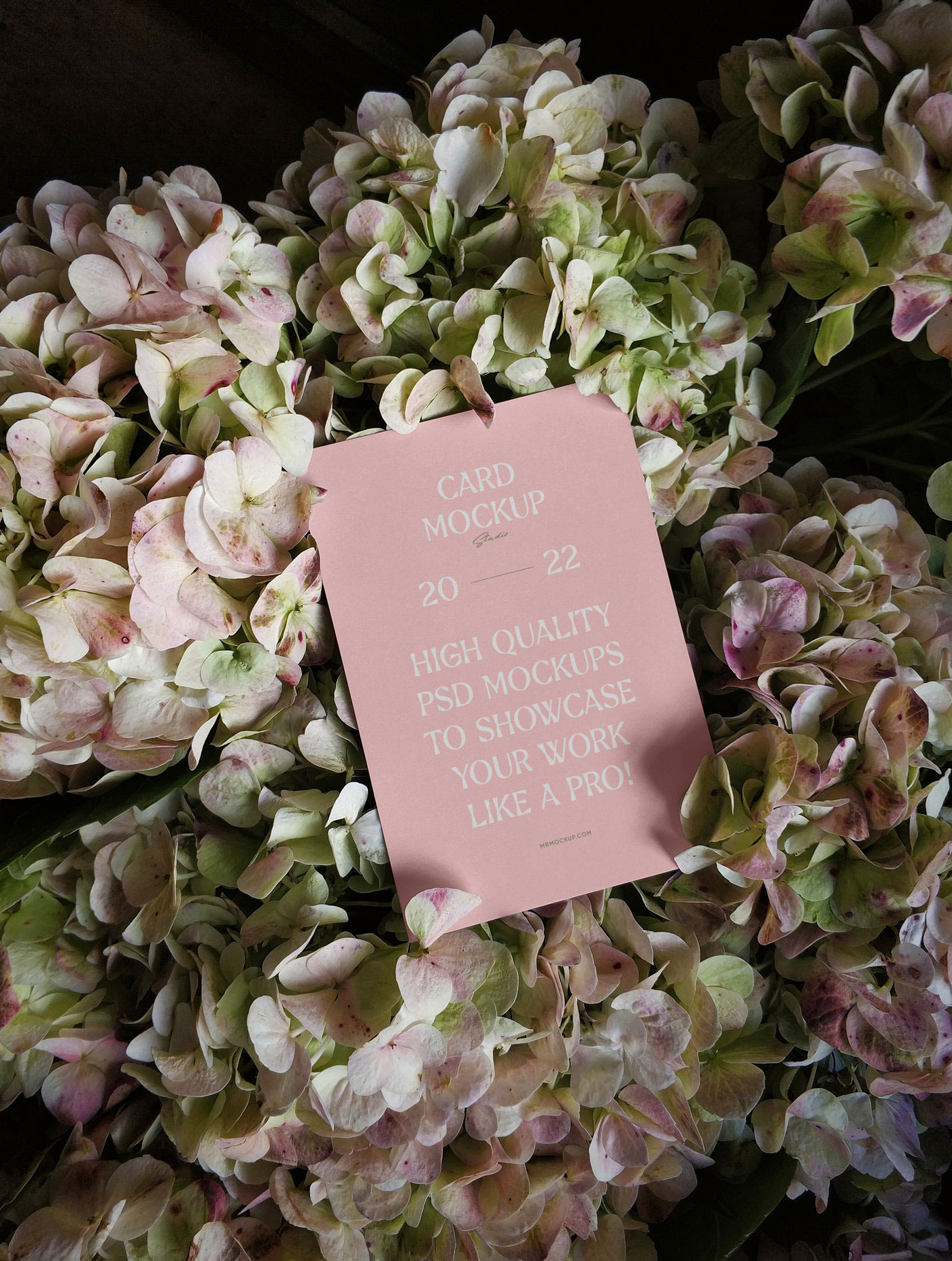Vista superior de la maqueta de tarjetas entre flores