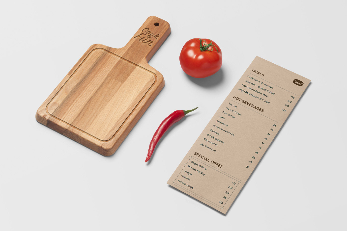 Вид на минимальный макет кухонной доски с меню