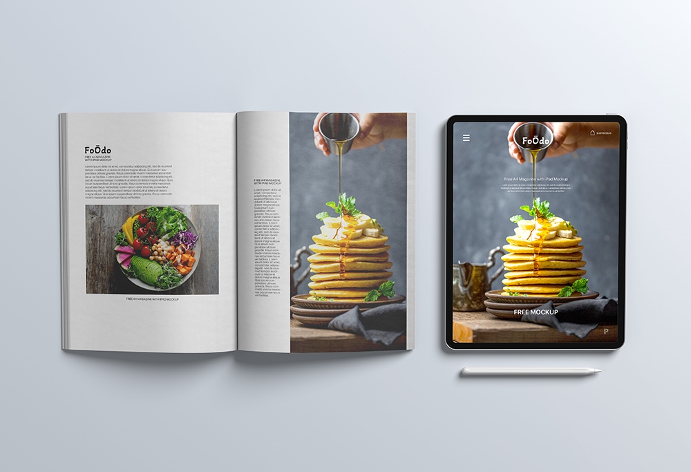 Vue de dessus du magazine Open A4 avec iPad Pro Mockup