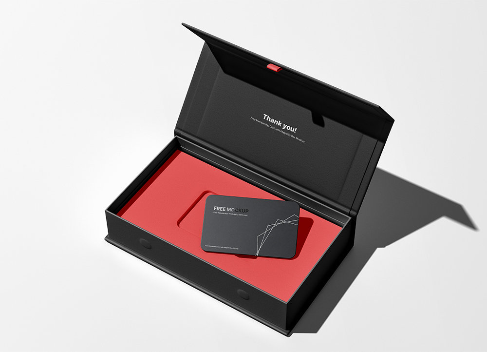 Top View of Open Magnetic Box Mockup with Membership Card