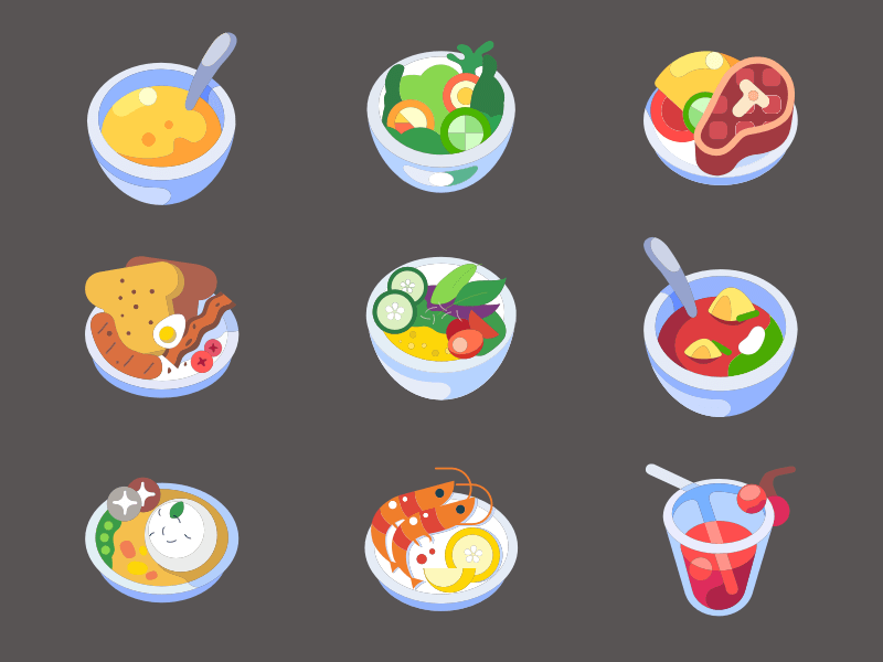 9 Iconos de alimentos coloridos Sketch Recurso
