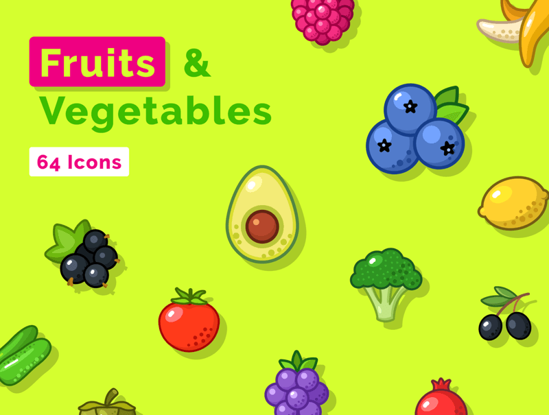 Muestra del conjunto de iconos de frutas y verduras