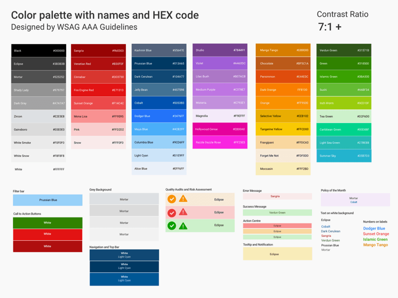 Sistema de paletas de colores con nombres y códigos hexadecimales