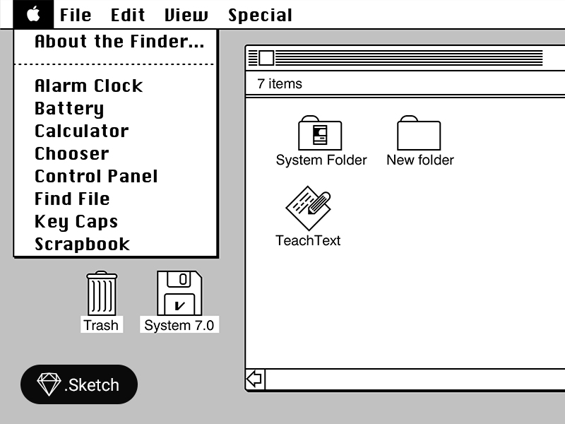 Apple System 6 пользовательский интерфейс в эскизе