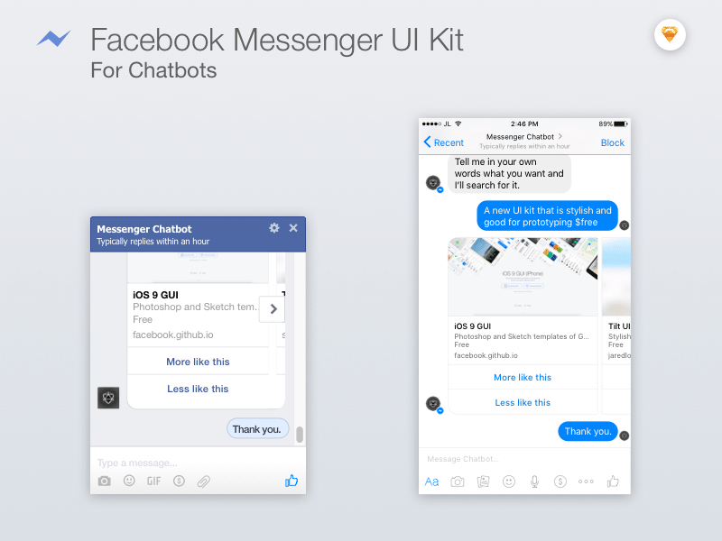 Комплект пользовательского интерфейса Facebook Messenger для чат-ботов