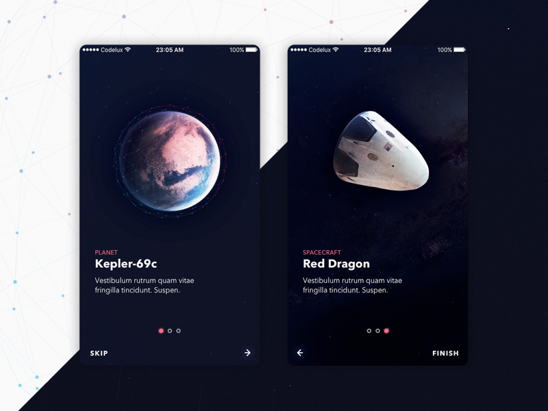 Free Space UI Kit – Walkthrough-Bildschirme