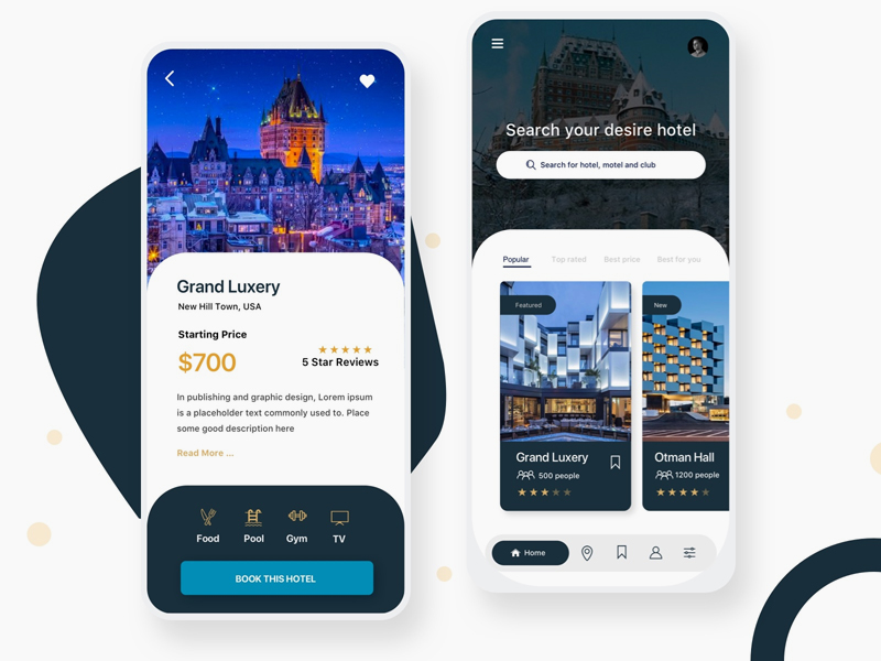 Hotel App Concept Bildschirme