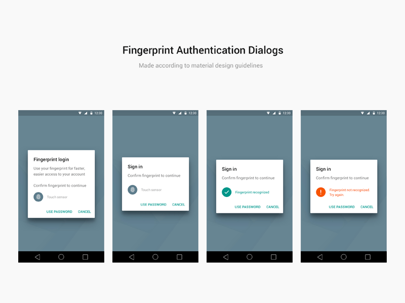 Android Материал Дизайн отпечатков пальцев Диалоги для эскиза