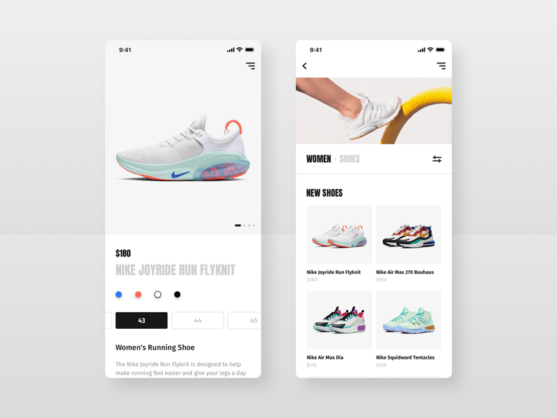 Interfaz de usuario de la aplicación Shoes Store