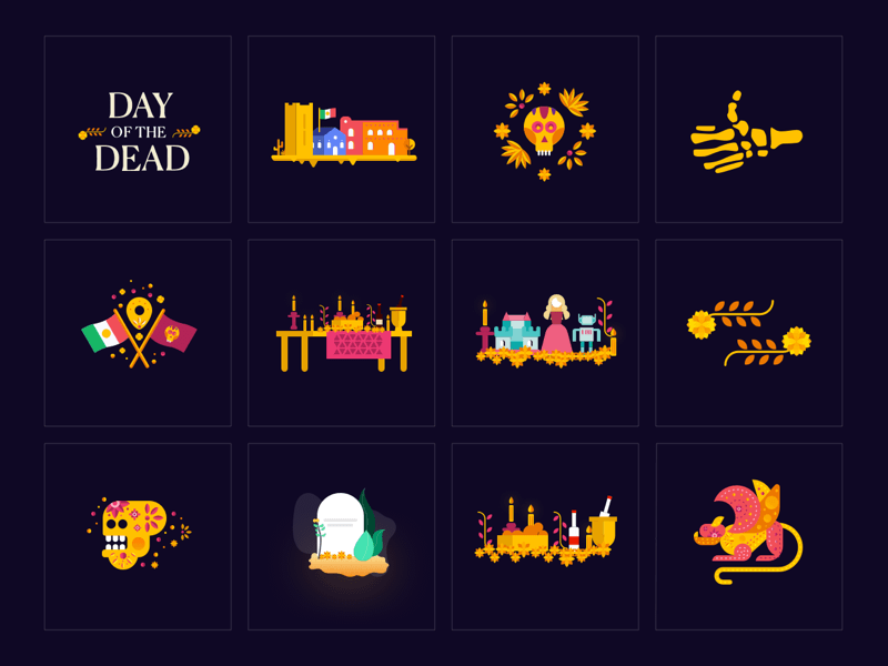 12 ilustraciones para el recurso de bosquejo del día de los muertos