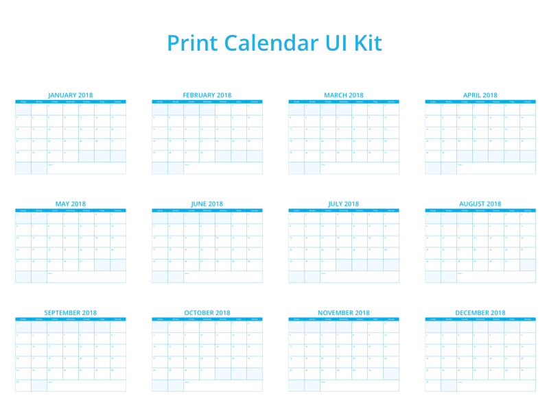 2018 Imprimir calendario UI Kit Sketch Resource