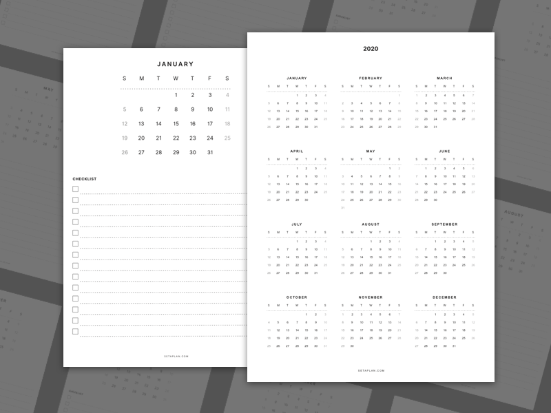 2020 年の印刷可能なミニマリスト カレンダー Sketch リソース