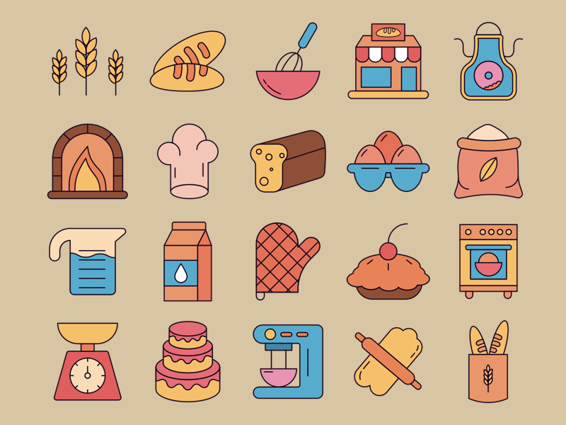 20 Recursos de bocetos de conjunto de iconos de panadería