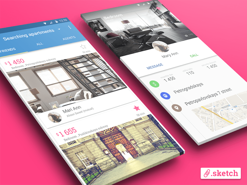 Apartments Search App in Material Design Style Sketch Resource