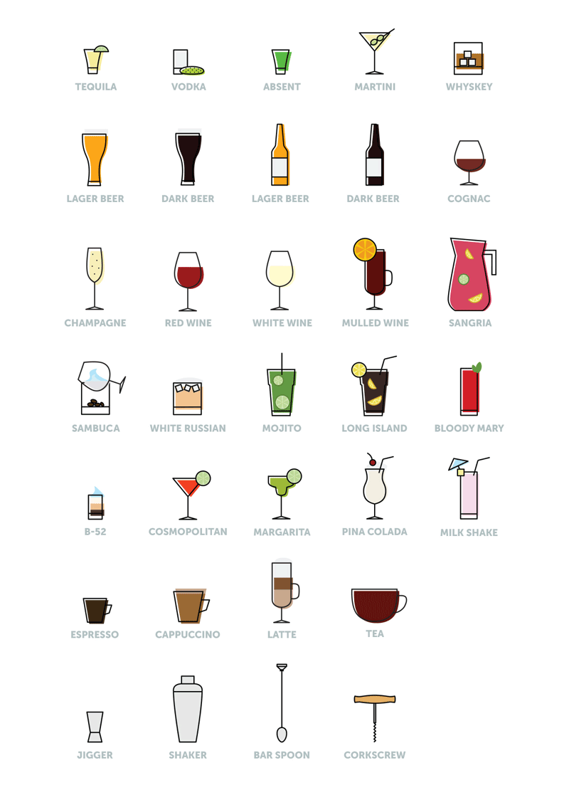 Set de iconos de bebidas - bar/cóctel/café