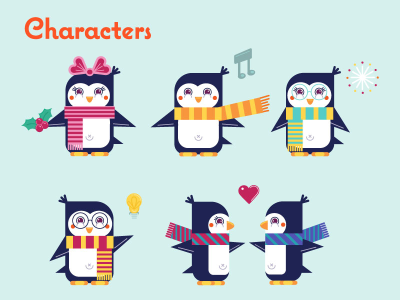 Ilustraciones de personajes de pingüinos