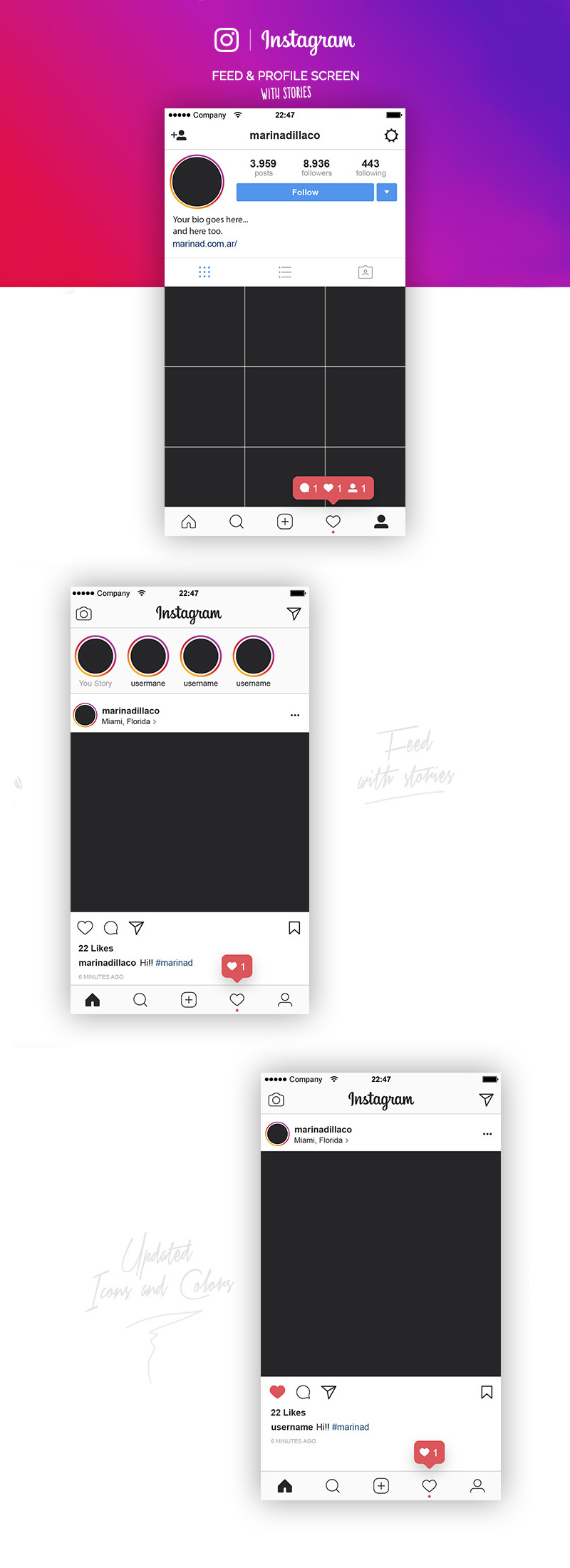 Шаблон вектора пользовательского интерфейса в Instagram и профиль